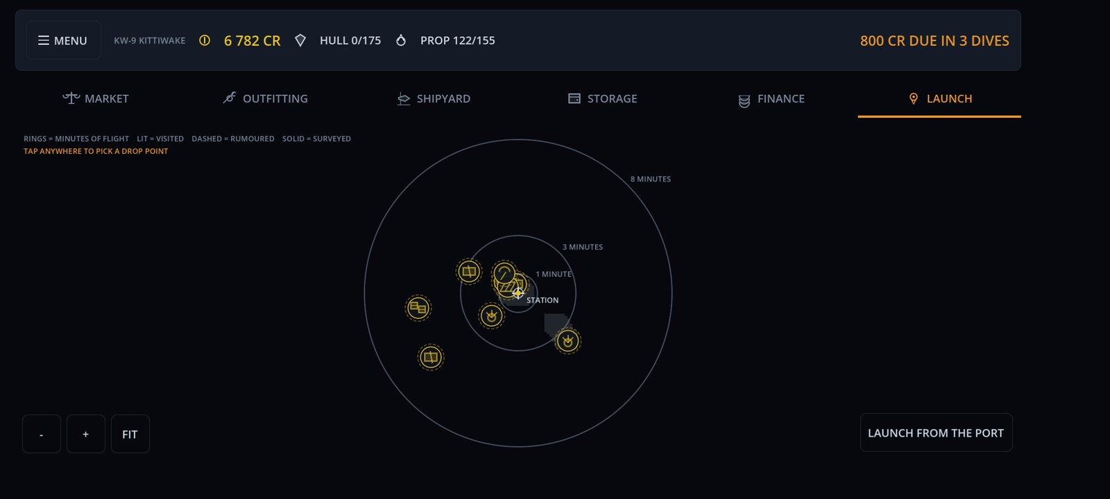 The launch map — orbital rings marked in minutes of flight